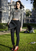 Tiffany Park. Shredded Sweater, Cuffed Jeans, Red Silver-Toe Heels, Black Studded Clutch. photo by Phil Ohand