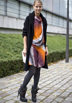 Holly Rogers. Black RICK OWENS Cardigan, Cosmic PETER PILOTTO Dress, & BURBERRY PRORSUM Shearling Boots. photo by Phil Oh