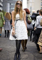 Harley Viera Newton. White VALENTINO Fleurette Dress, Clear Clutch, & black booties. photo by Phil Oh